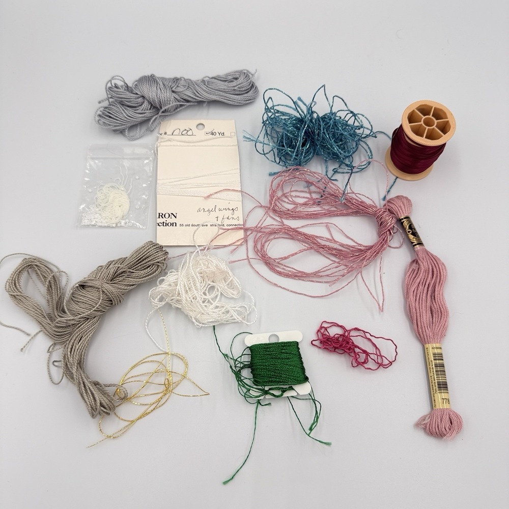 VTG Needlepoint Embroidery Thread Lot Metallic Floss DMC Beads Ribbon Mixed